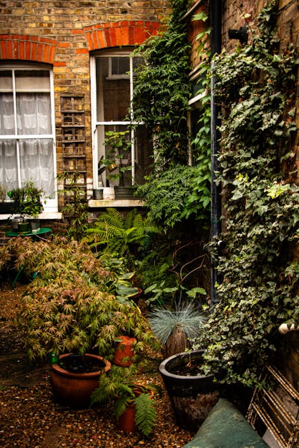 A cozy small garden situated against the brick exterior of a building, featuring a variety of lush green plants and foliage. In the foreground, there are potted plants with fern-like leaves and a smal
